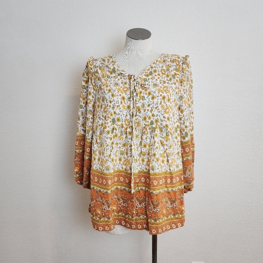 VCAY Floral Print Lantern Sleeve Cream & Green Color Women's Top Size XL - Picture 2 of 5